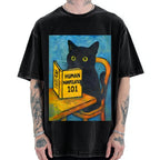 Black Cat Reading Funny Vintage Washed T-shirt