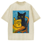 Black Cat Reading Funny Vintage Washed T-shirt