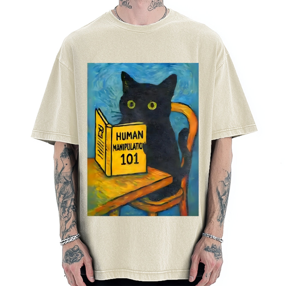 Black Cat Reading Funny Vintage Washed T-shirt