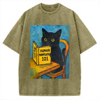 Black Cat Reading Funny Vintage Washed T-shirt