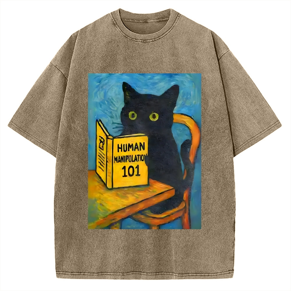 Black Cat Reading Funny Vintage Washed T-shirt