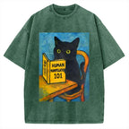 Black Cat Reading Funny Vintage Washed T-shirt