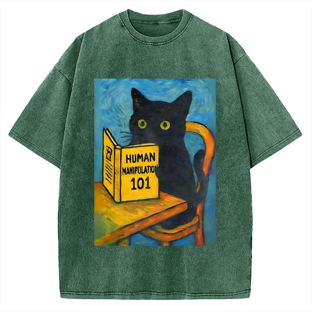 Black Cat Reading Funny Vintage Washed T-shirt