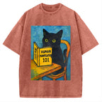 Black Cat Reading Funny Vintage Washed T-shirt