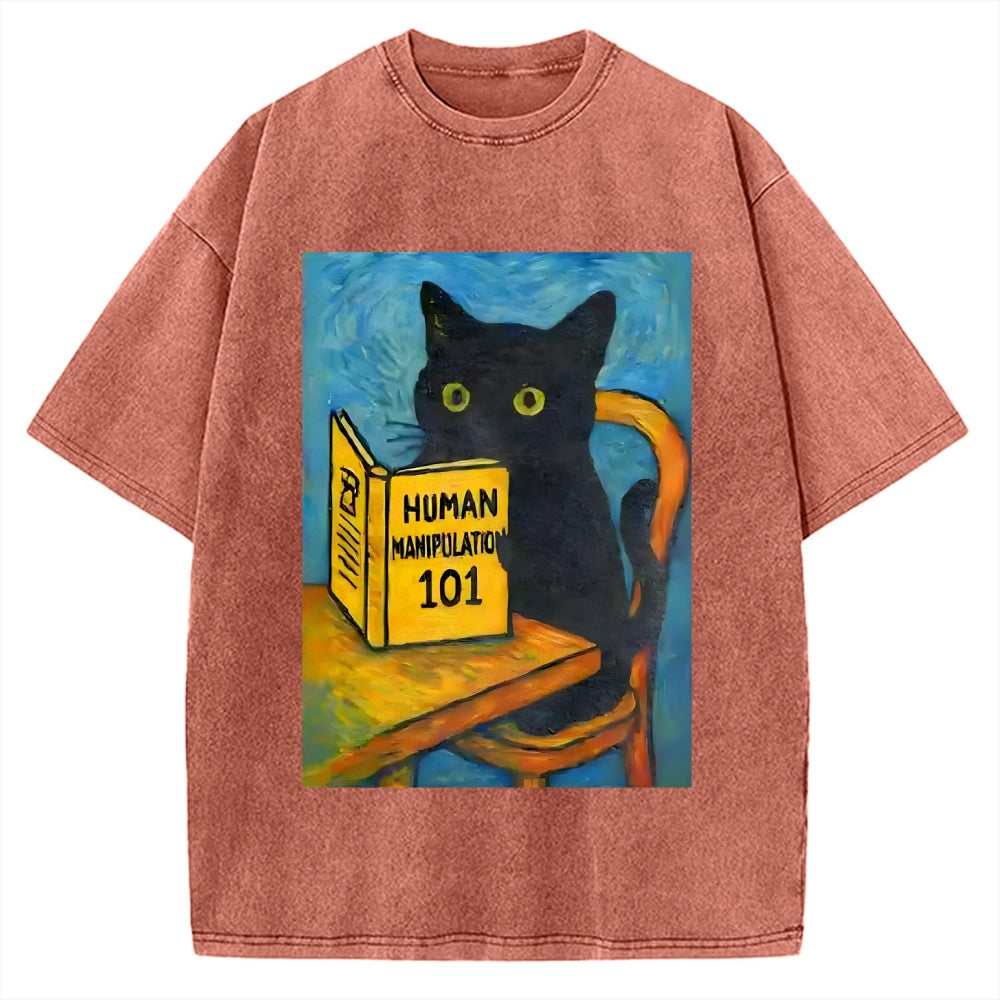 Black Cat Reading Funny Vintage Washed T-shirt