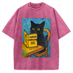 Black Cat Reading Funny Vintage Washed T-shirt