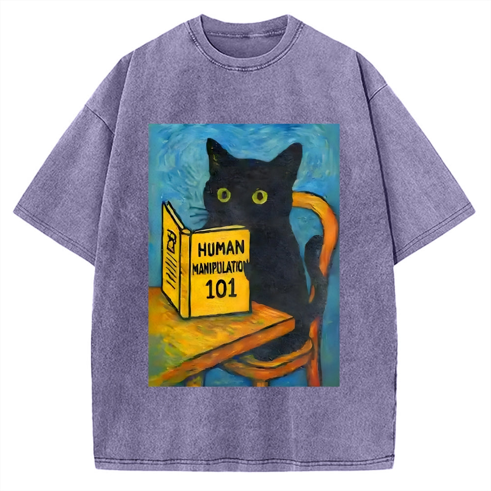 Black Cat Reading Funny Vintage Washed T-shirt