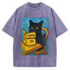 Black Cat Reading Funny Vintage Washed T-shirt