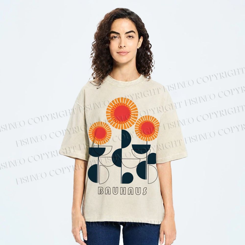 Unisex Bauhaus Geometric Flowers Printed Washed Tee