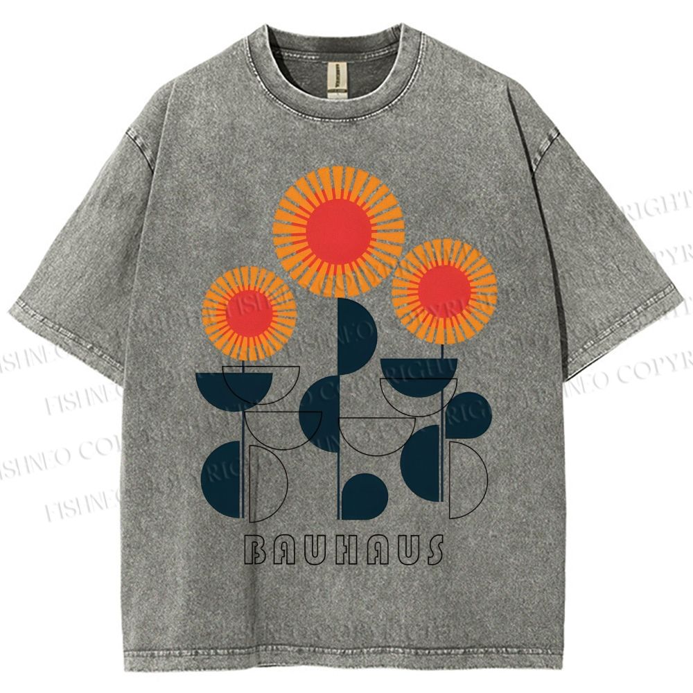 Unisex Bauhaus Geometric Flowers Printed Washed Tee