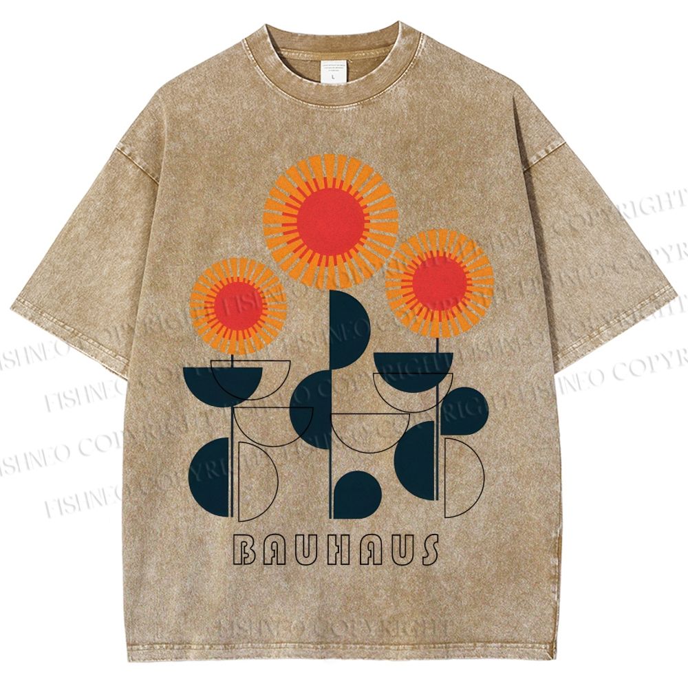 Unisex Bauhaus Geometric Flowers Printed Washed Tee