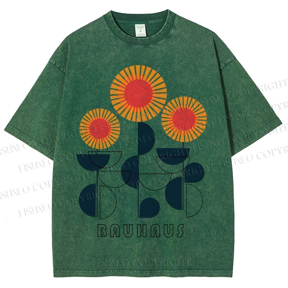 Unisex Bauhaus Geometric Flowers Printed Washed Tee