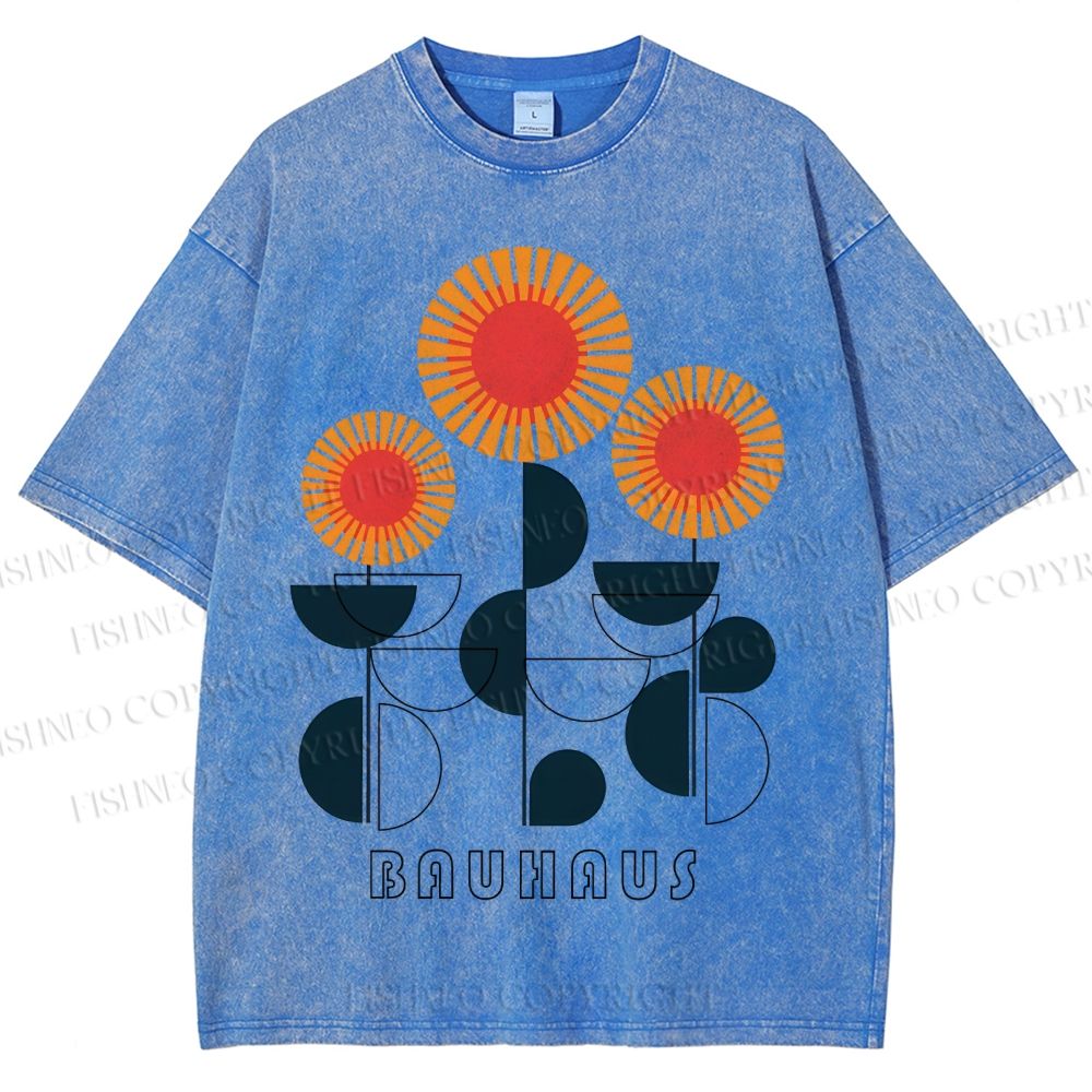 Unisex Bauhaus Geometric Flowers Printed Washed Tee