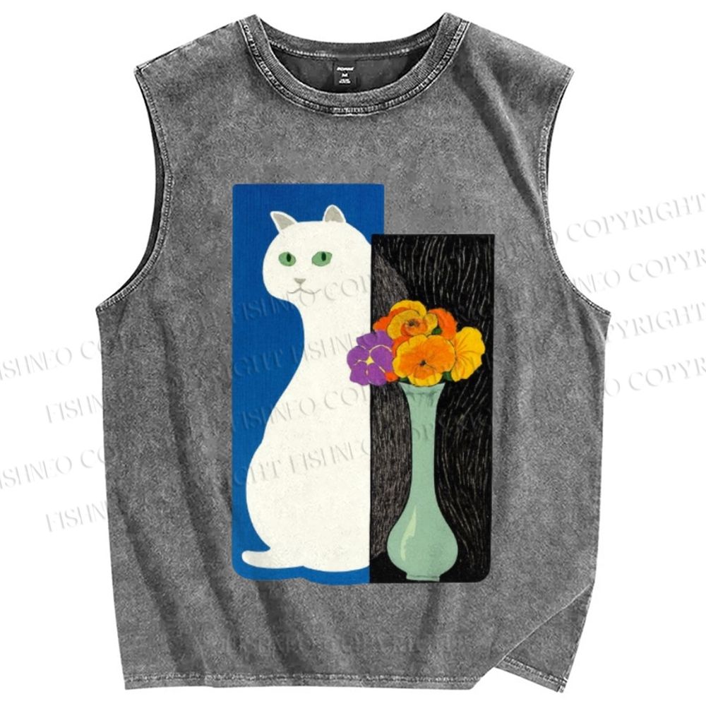 Unisex Cat and Vase Printed Washed Tank Top
