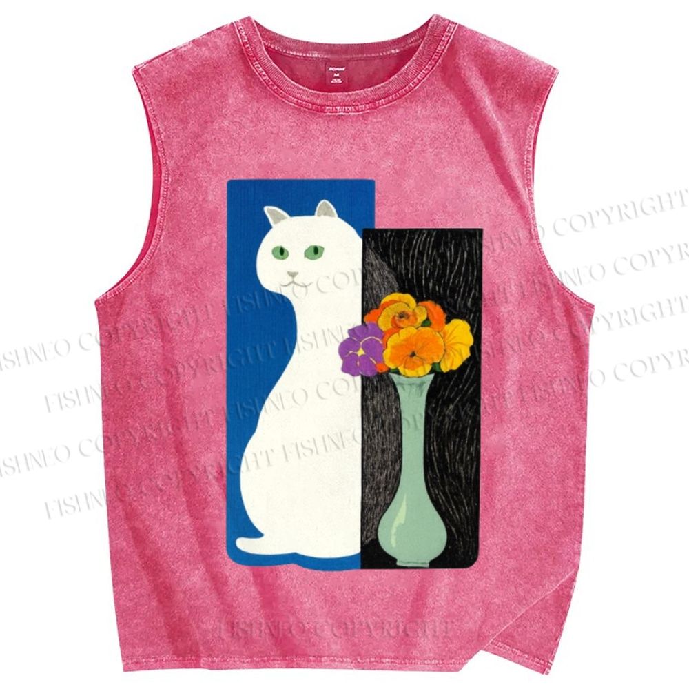 Unisex Cat and Vase Printed Washed Tank Top