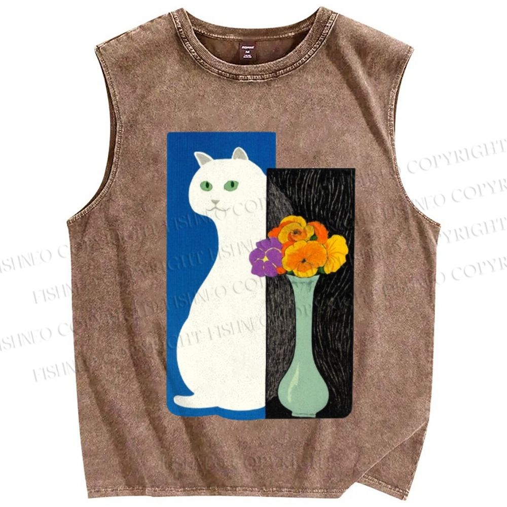 Unisex Cat and Vase Printed Washed Tank Top