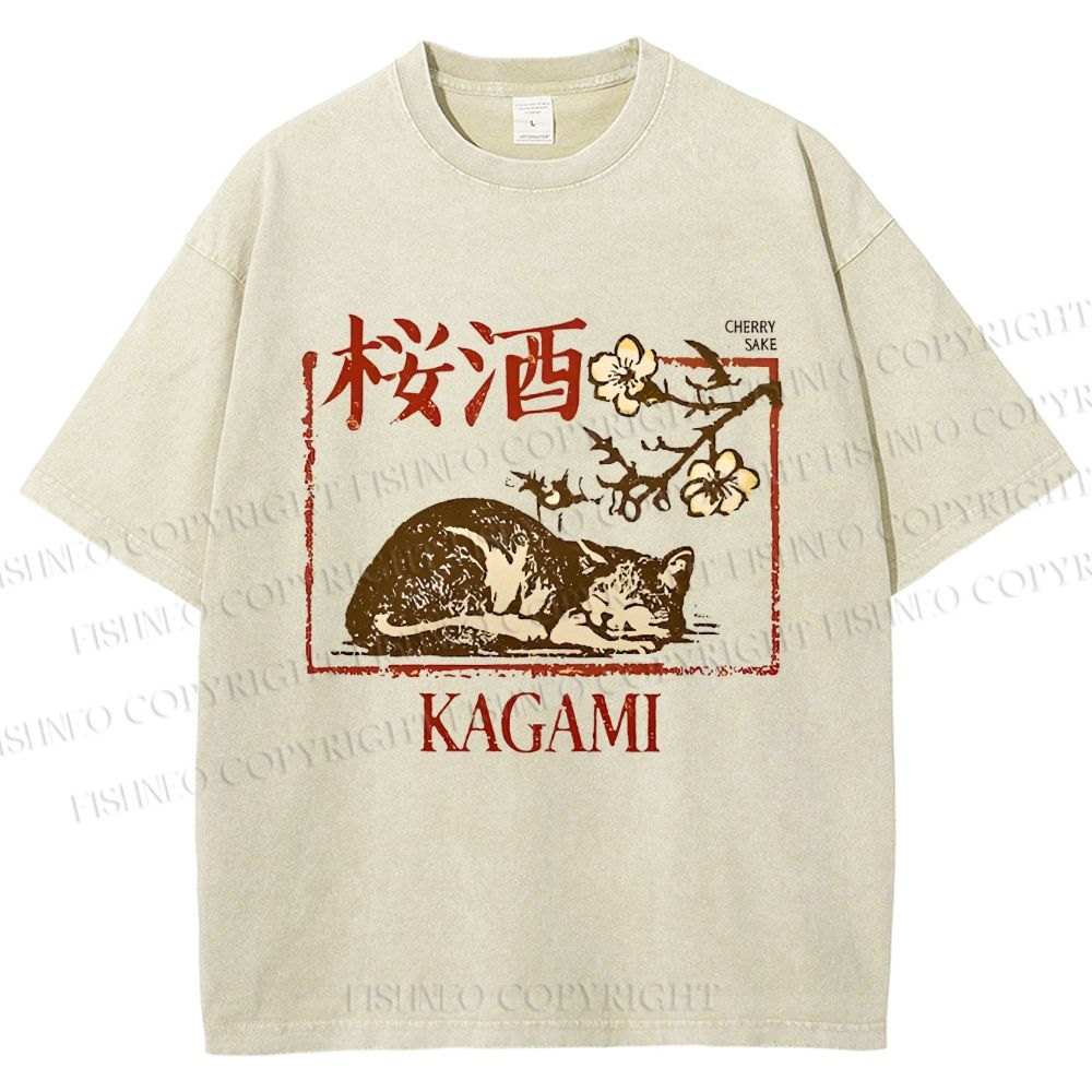 Unisex Cherry Blossom Sake Cat Printed Washed Tee