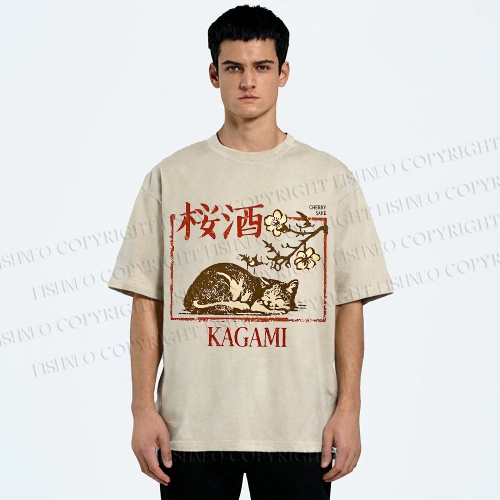 Unisex Cherry Blossom Sake Cat Printed Washed Tee