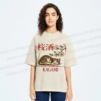 Unisex Cherry Blossom Sake Cat Printed Washed Tee