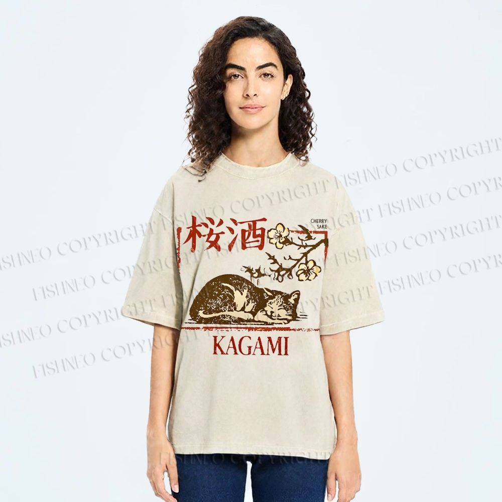 Unisex Cherry Blossom Sake Cat Printed Washed Tee