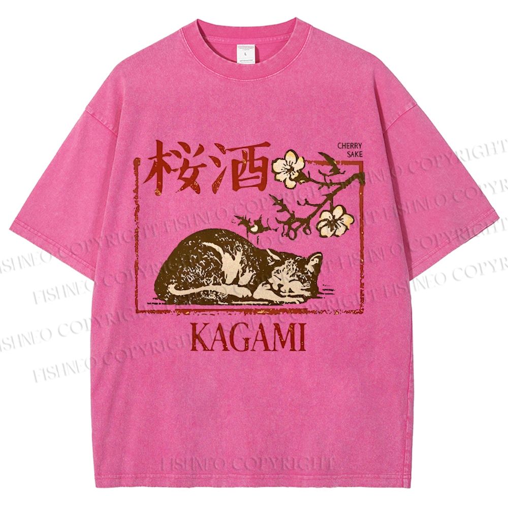 Unisex Cherry Blossom Sake Cat Printed Washed Tee