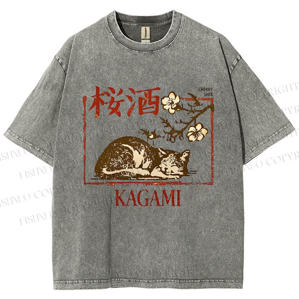Unisex Cherry Blossom Sake Cat Printed Washed Tee
