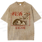 Unisex Cherry Blossom Sake Cat Printed Washed Tee