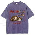 Unisex Cherry Blossom Sake Cat Printed Washed Tee