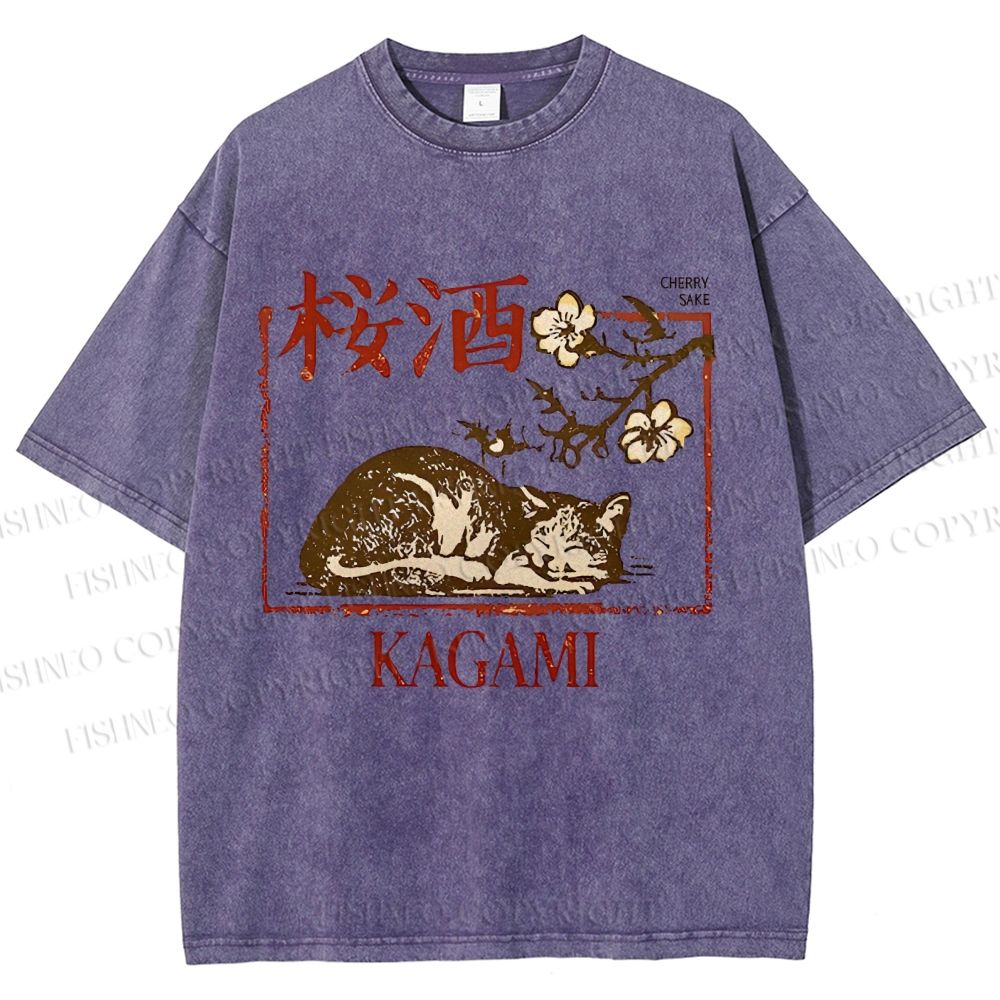 Unisex Cherry Blossom Sake Cat Printed Washed Tee