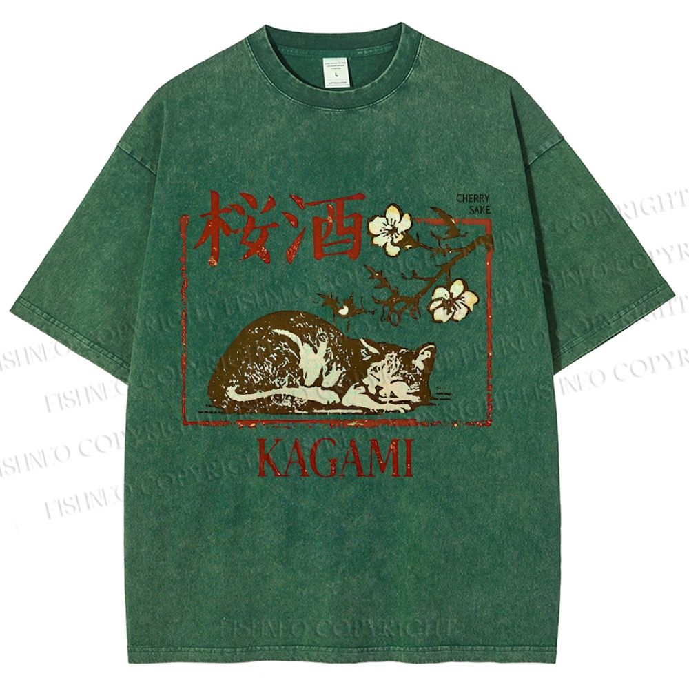 Unisex Cherry Blossom Sake Cat Printed Washed Tee