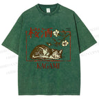Unisex Cherry Blossom Sake Cat Printed Washed Tee