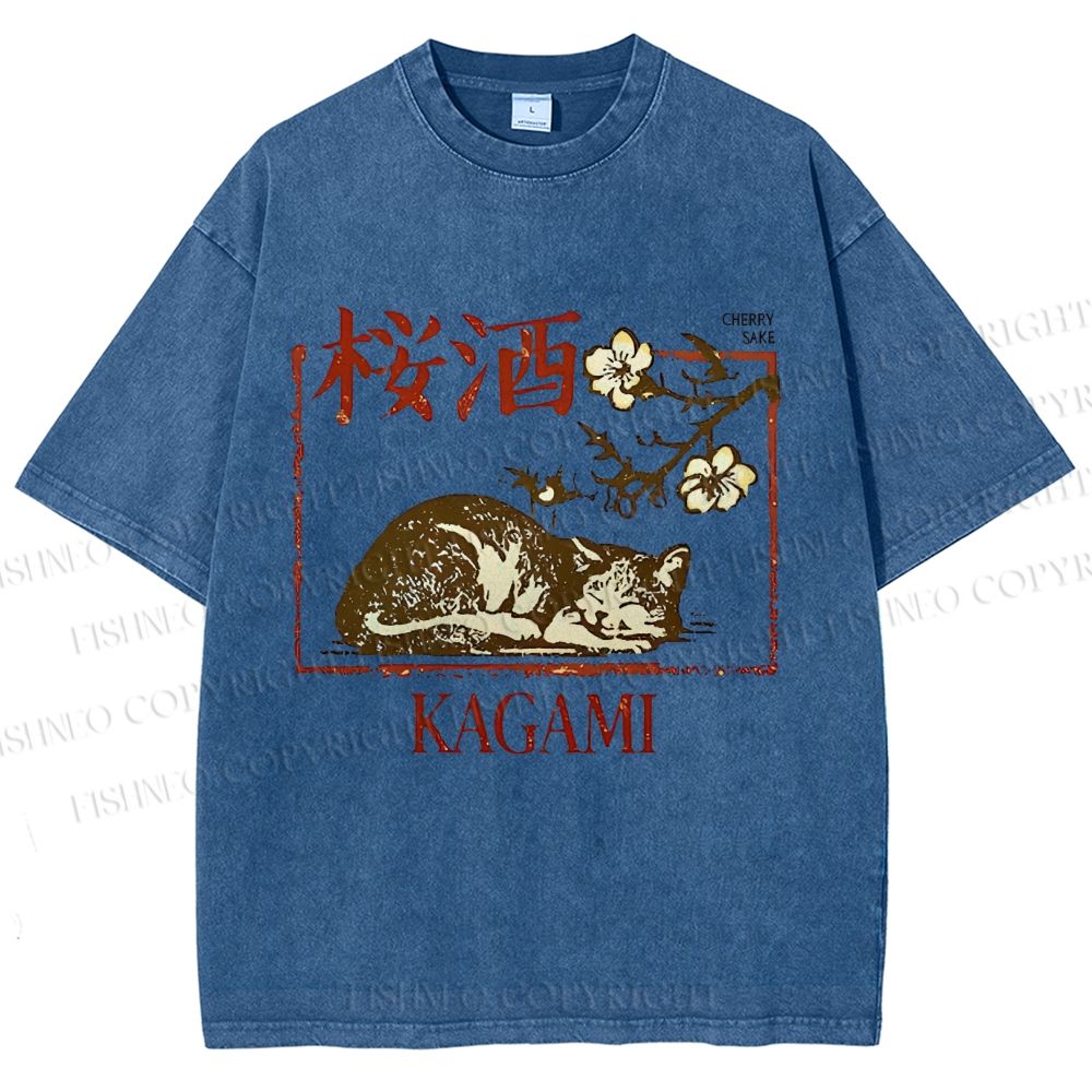 Unisex Cherry Blossom Sake Cat Printed Washed Tee