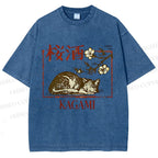 Unisex Cherry Blossom Sake Cat Printed Washed Tee