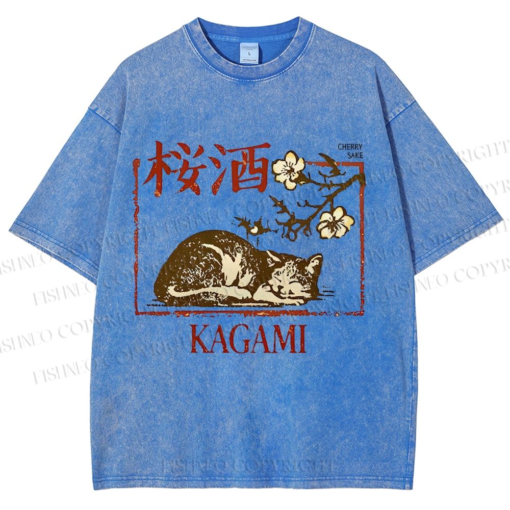 Unisex Cherry Blossom Sake Cat Printed Washed Tee