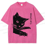 Unisex Cat Japanese Im Not Going Printed Washed Tee