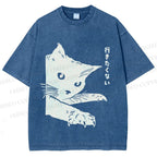 Unisex Cat Japanese Im Not Going Printed Washed Tee
