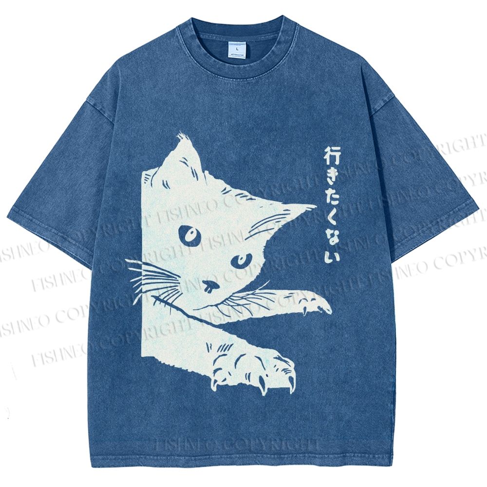 Unisex Cat Japanese Im Not Going Printed Washed Tee