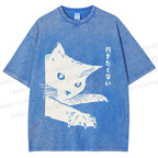 Unisex Cat Japanese Im Not Going Printed Washed Tee