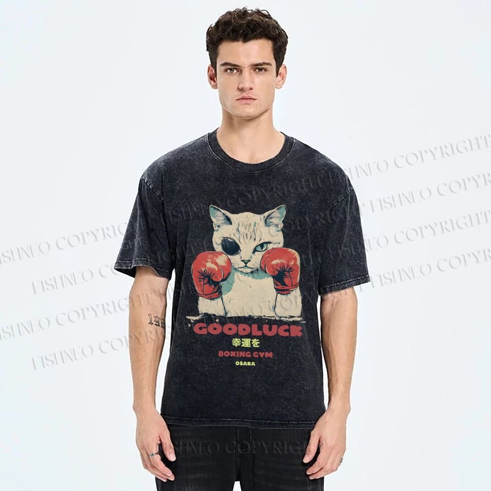 Unisex Fight Club Boxing Cat Printed Washed Tee