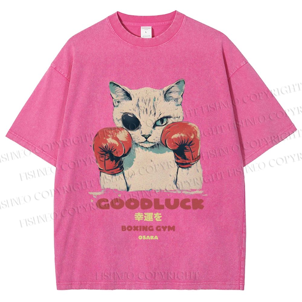 Unisex Fight Club Boxing Cat Printed Washed Tee