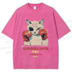 Unisex Fight Club Boxing Cat Printed Washed Tee