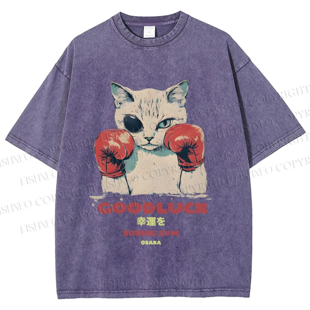 Unisex Fight Club Boxing Cat Printed Washed Tee