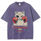 Unisex Fight Club Boxing Cat Printed Washed Tee