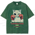 Unisex Fight Club Boxing Cat Printed Washed Tee