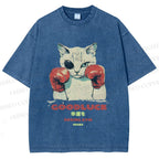 Unisex Fight Club Boxing Cat Printed Washed Tee