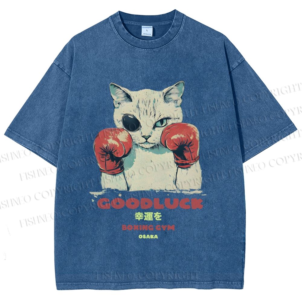 Unisex Fight Club Boxing Cat Printed Washed Tee