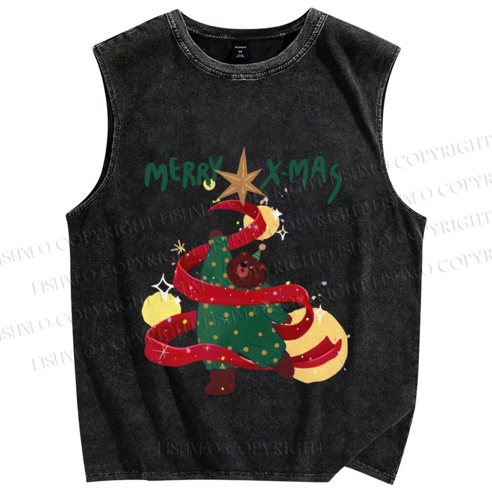 Unisex Christmas Bear Dancing Printed Washed Tank Top
