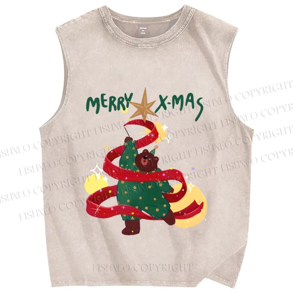 Unisex Christmas Bear Dancing Printed Washed Tank Top