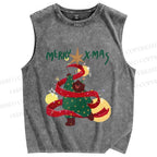 Unisex Christmas Bear Dancing Printed Washed Tank Top