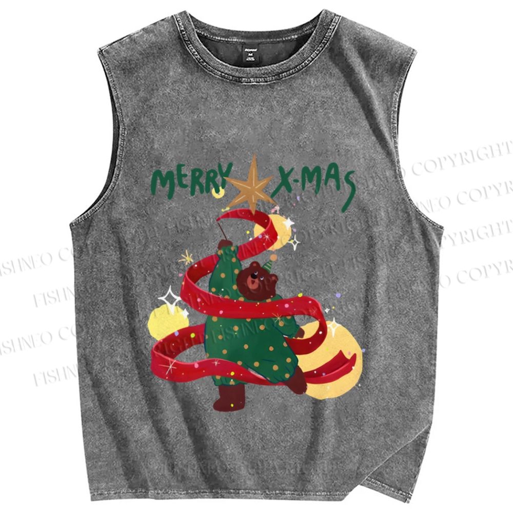 Unisex Christmas Bear Dancing Printed Washed Tank Top